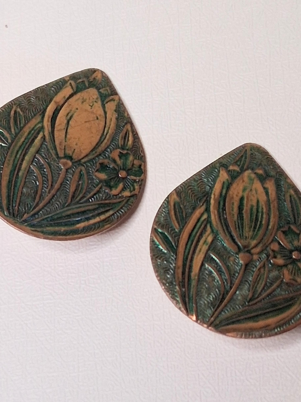 Floral Engraved Copper Tone Earrings - Green Patina